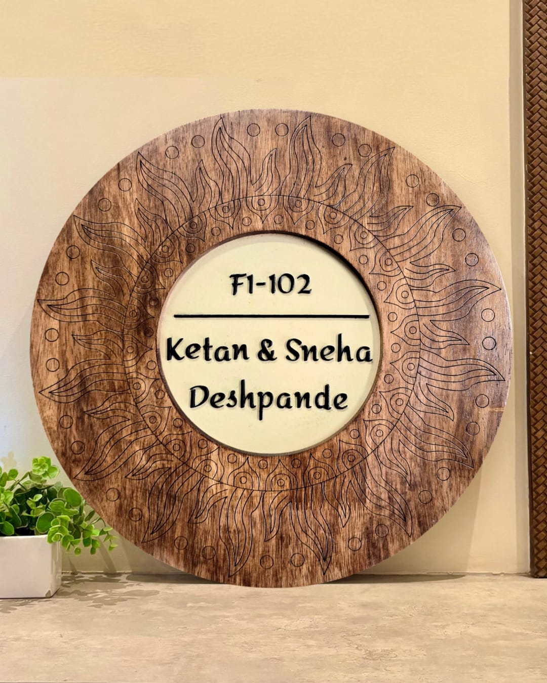 Sungrain Circle — Premium Handfinished Rubberwood Door Nameplate
