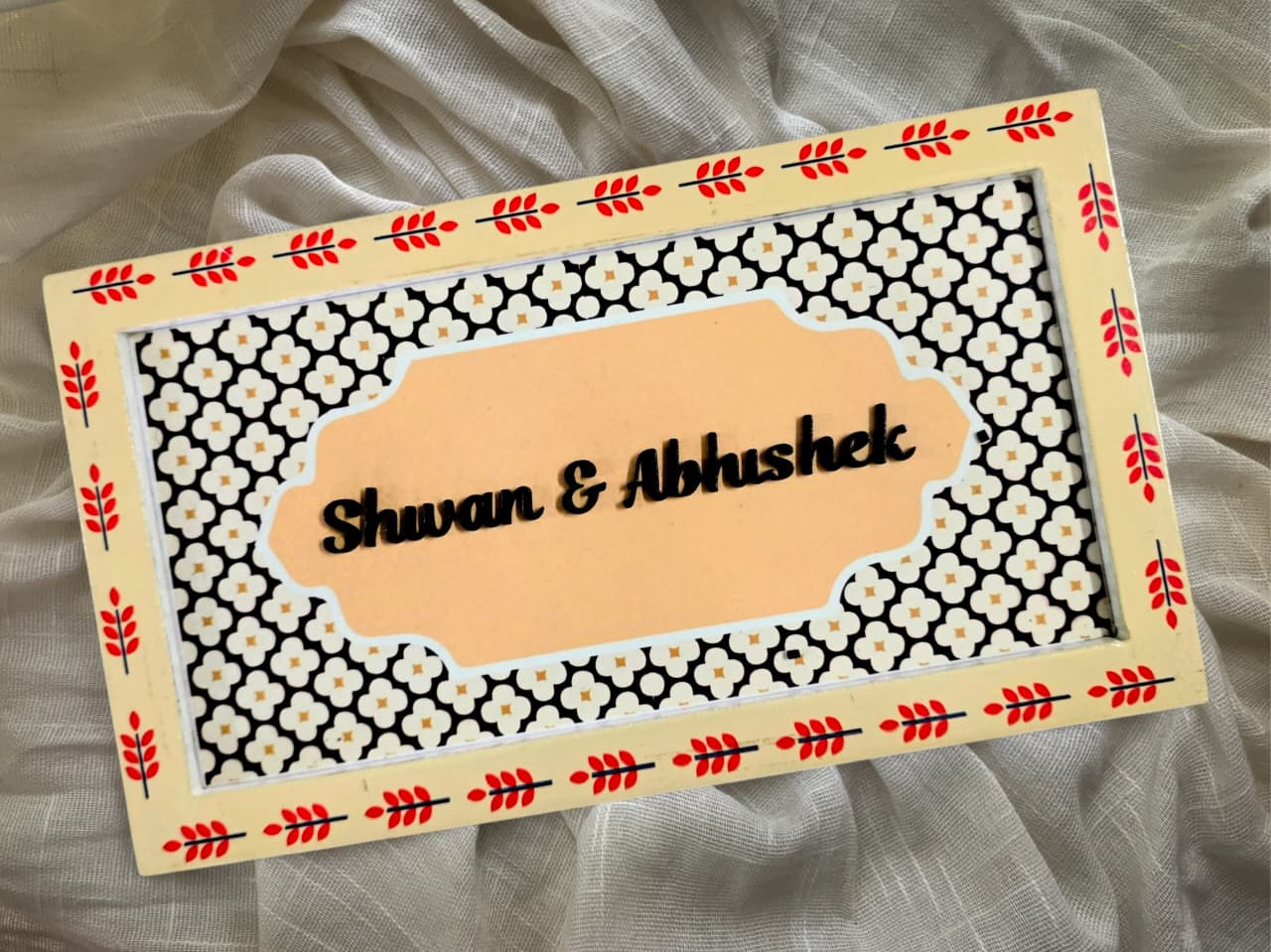 Custom Floral Wooden Nameplate – Yellow & Black Design | 34x20cm