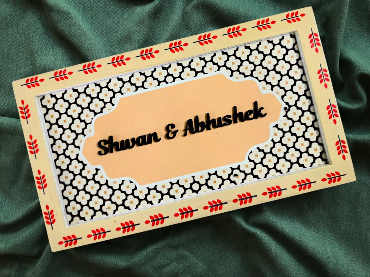 Custom Floral Wooden Nameplate – Yellow & Black Design | 34x20cm
