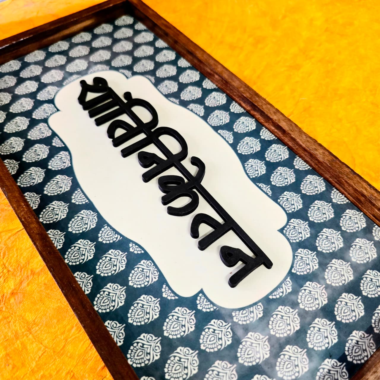 Ethnic Blue Wooden Door Nameplate with Pinewood Frame