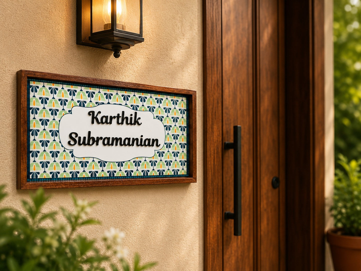 Colorful Floral Wooden Door Nameplate – Customizable Design