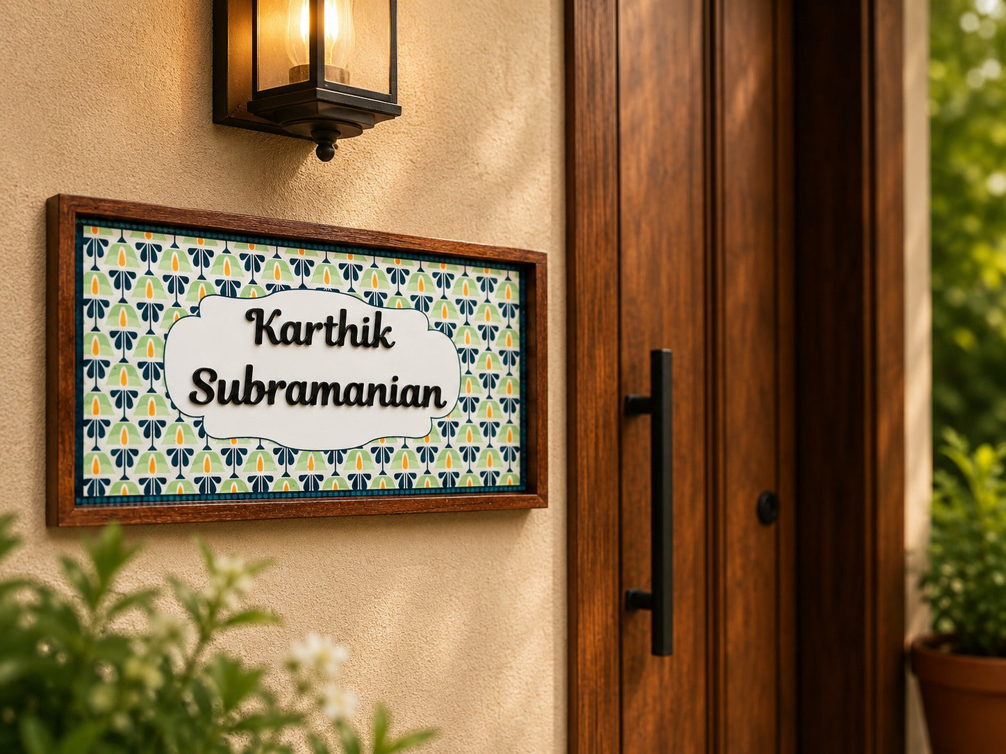 Colorful Floral Wooden Door Nameplate – Customizable Design