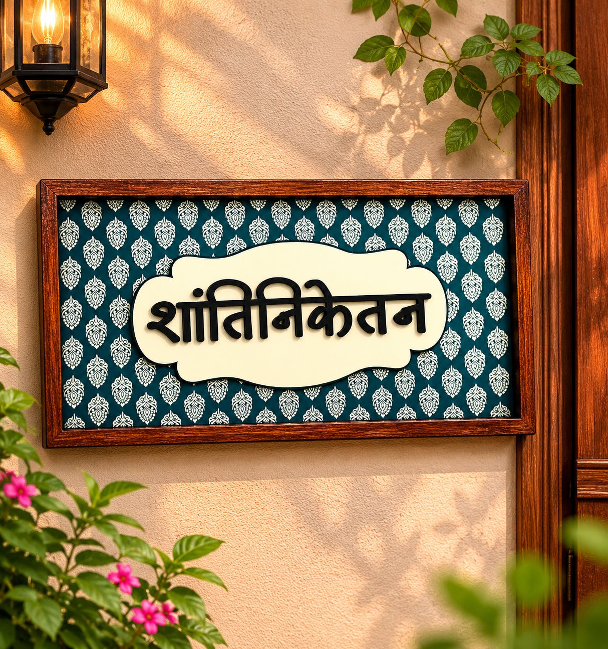 Ethnic Blue Wooden Door Nameplate with Pinewood Frame