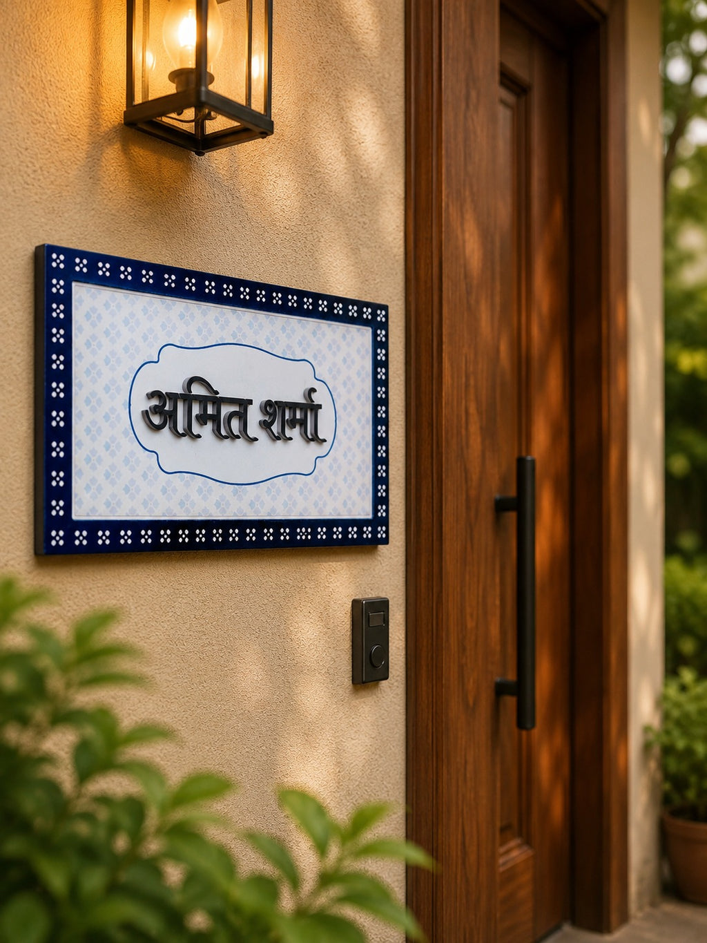 Elegant Blue Custom Wooden Nameplate | 34x20cm