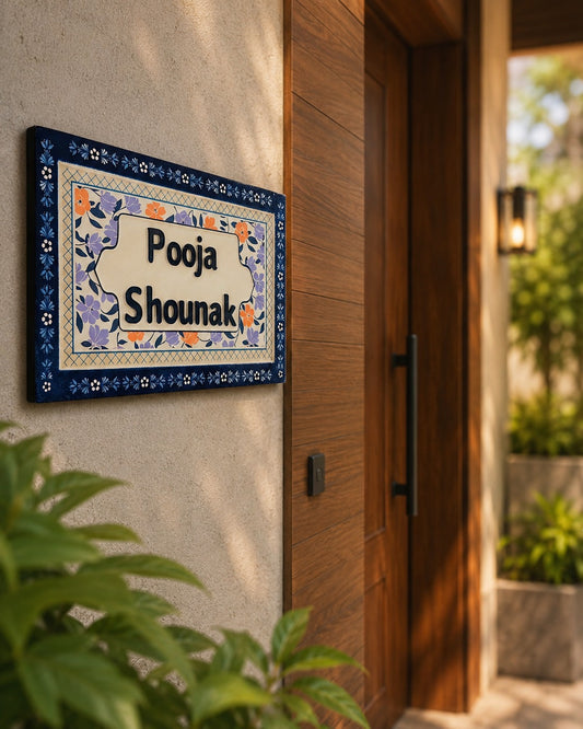 Blue Floral Customized Door Nameplate – Handcrafted with Personalization