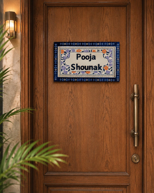 Blue Floral Customized Door Nameplate – Handcrafted with Personalization