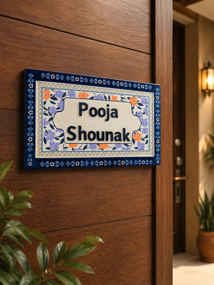 Blue Floral Customized Door Nameplate – Handcrafted with Personalization