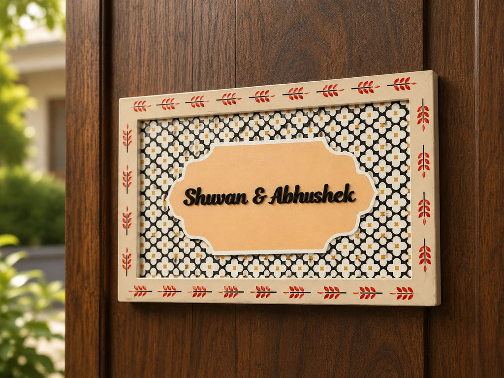 Custom Floral Wooden Nameplate – Yellow & Black Design | 34x20cm