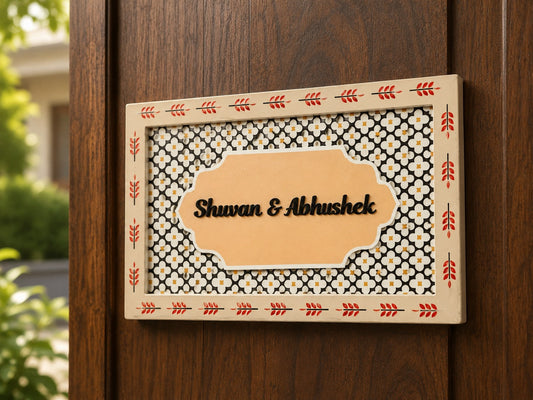 Custom Floral Wooden Nameplate – Yellow & Black Design | 34x20cm