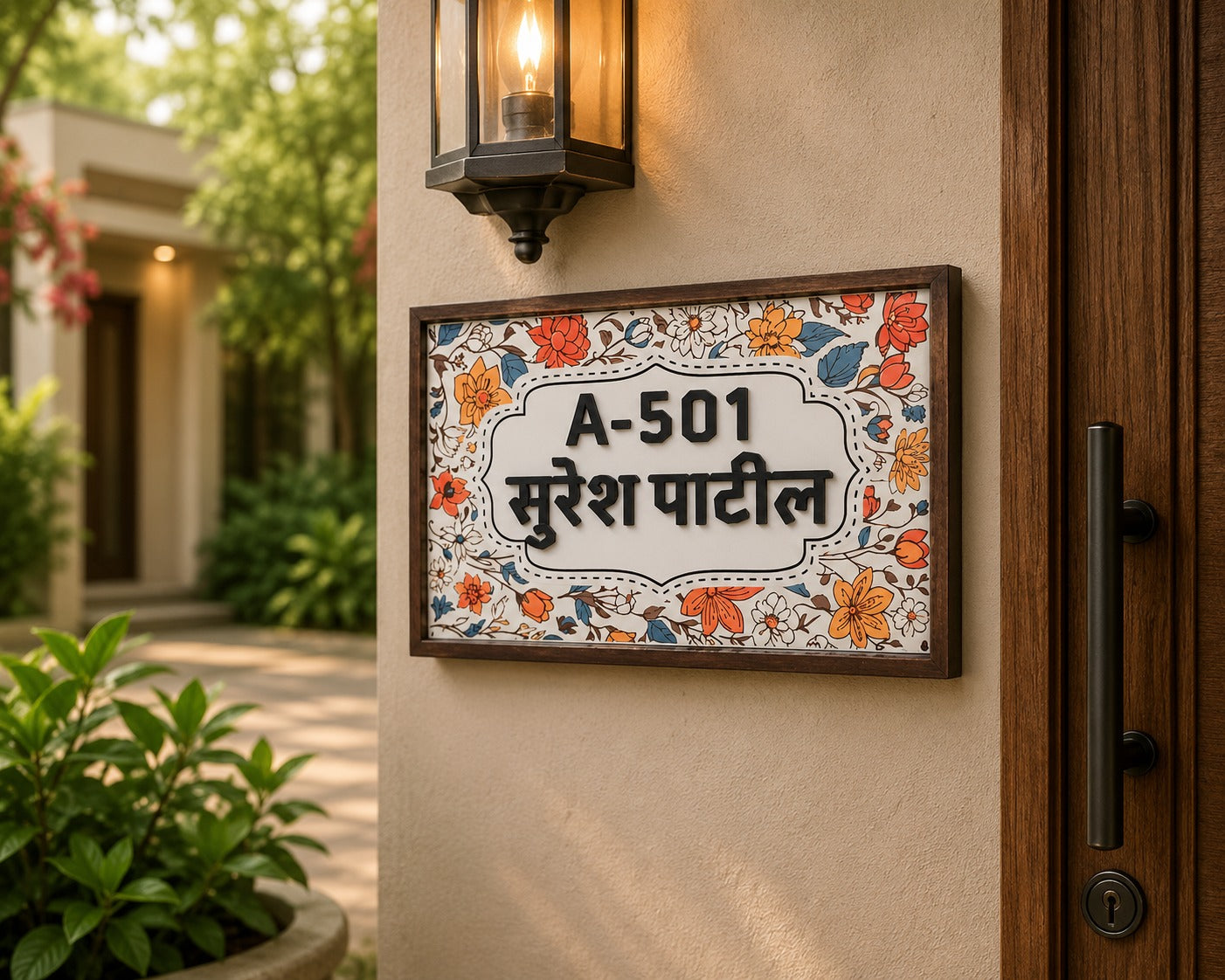 Elegant Floral Border Wooden Door Nameplate