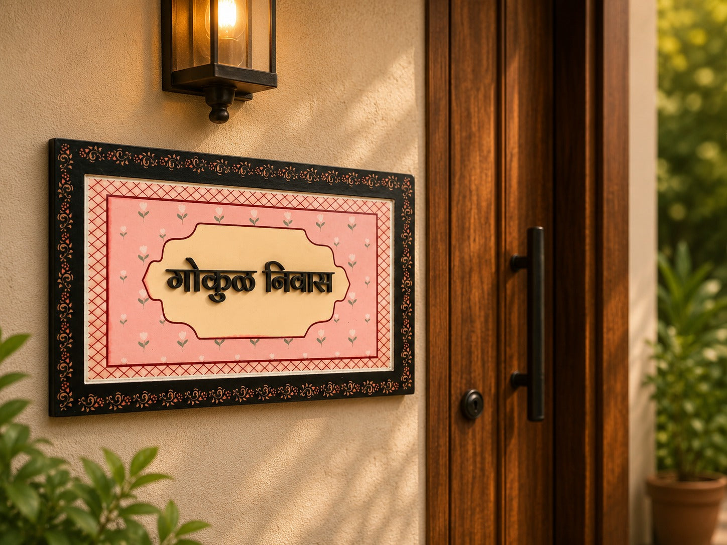 Vintage-Inspired Pink Wooden Nameplate with Floral Motif | 34x20cm