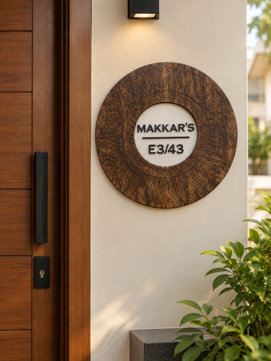 Sungrain Circle — Premium Handfinished Rubberwood Door Nameplate